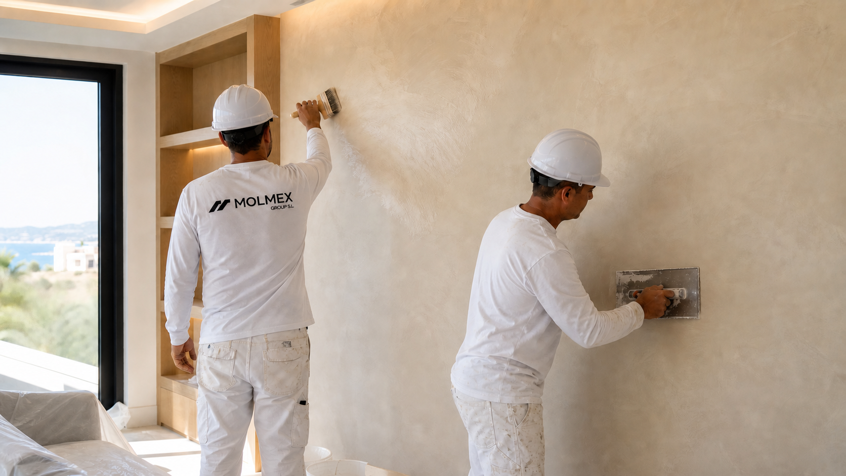 Pintores de Molmex aplicando estuco y acabado decorativo