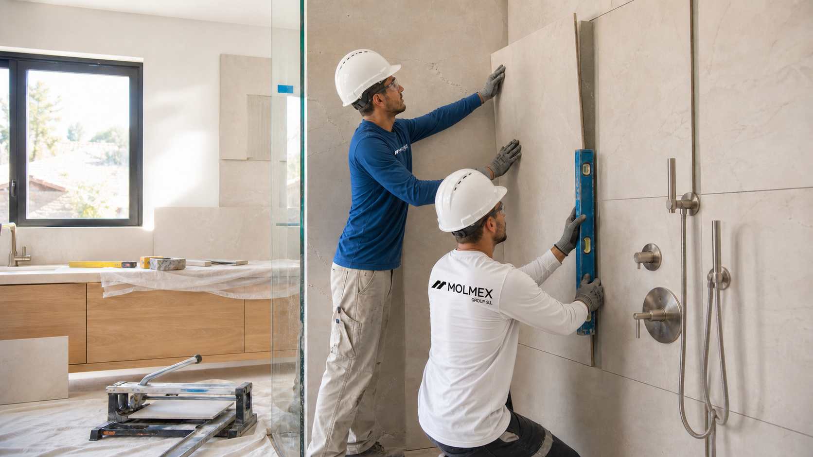 Equipo de Molmex alicatando la ducha de un baño reformado