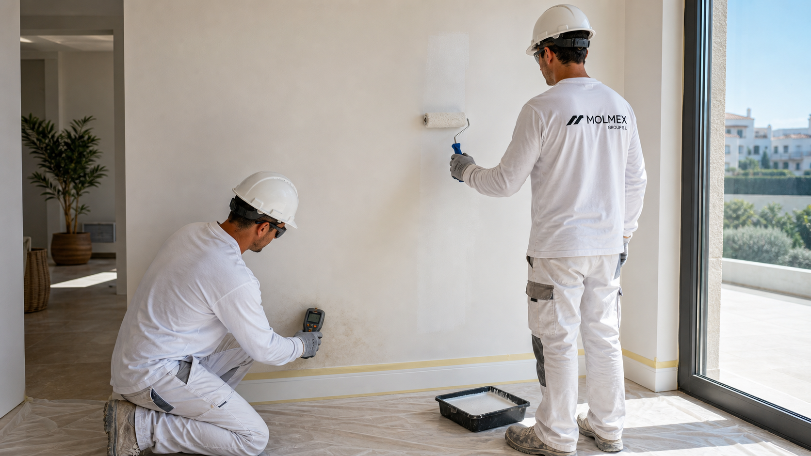 Técnicos de Molmex midiendo humedad y sellando la pared antes de pintar