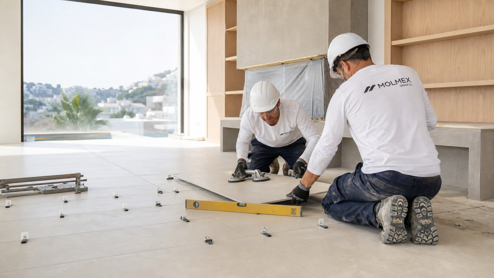 Equipo de Molmex colocando suelo porcelánico de gran formato